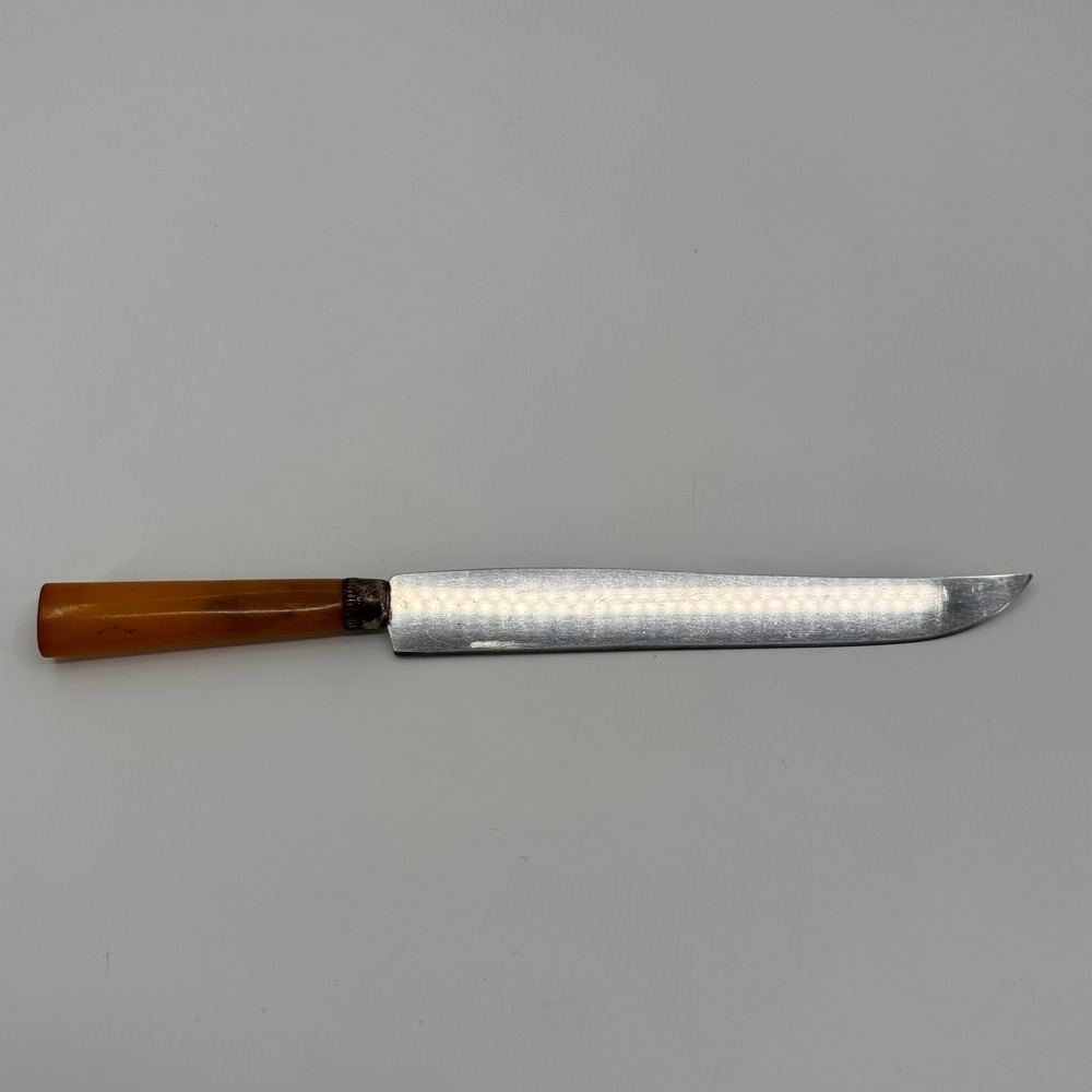 Vtg Stainless Steel Slicing Knife Amber Handle Carving Ham Roast Kitchen Utensil - Picture 4 of 7